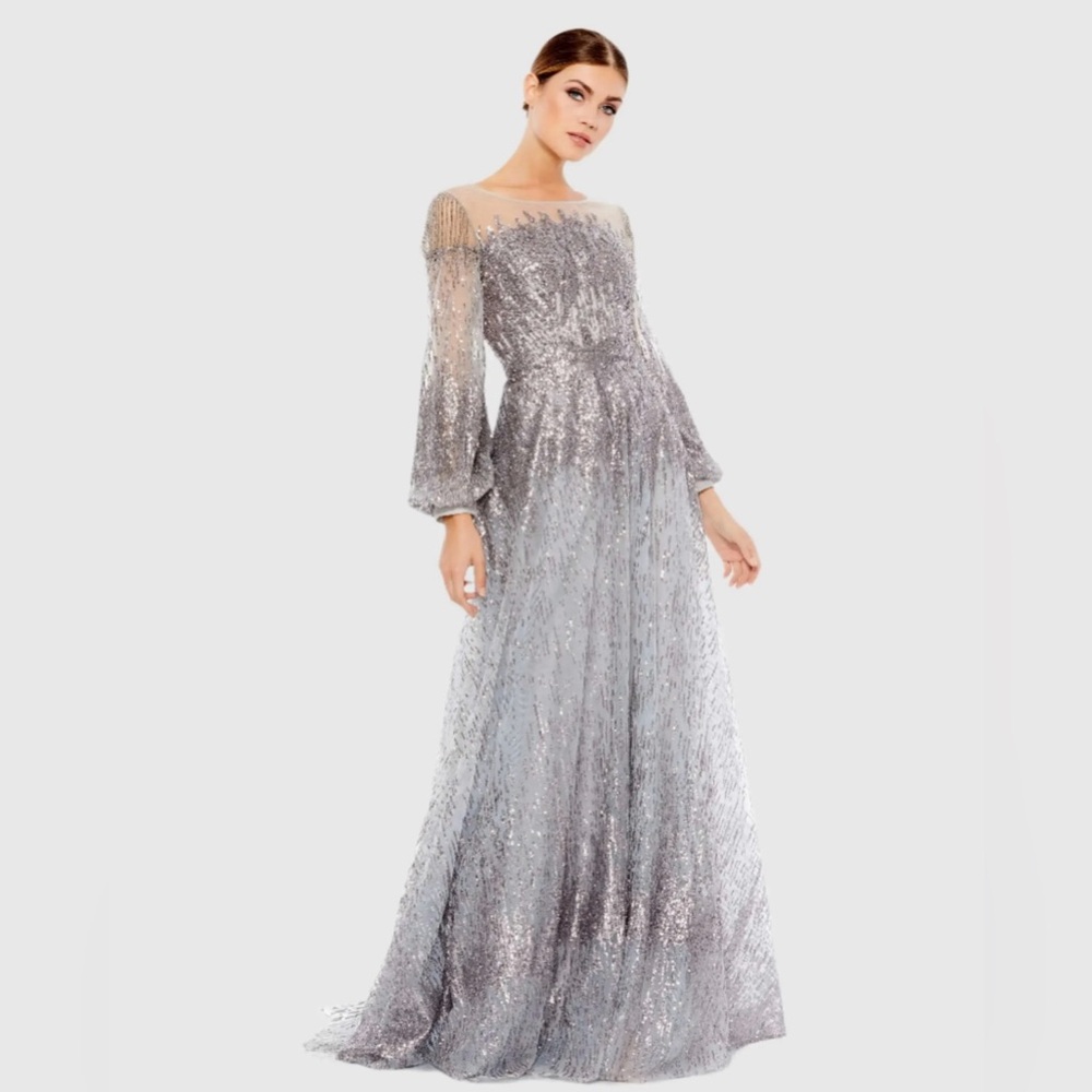 Mac Duggal Glittering Silver Long Sleeve Gown Style #20307